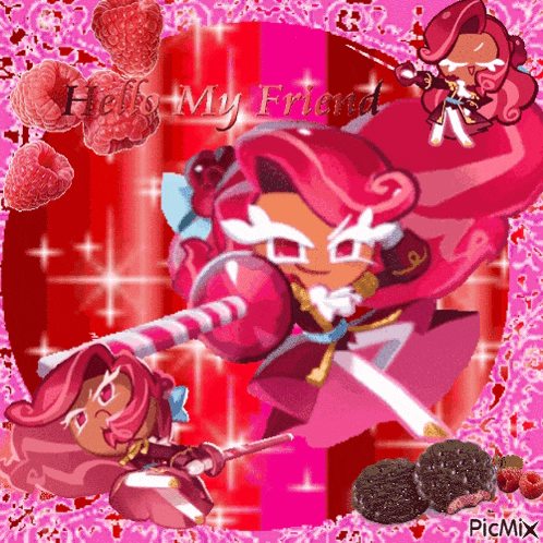 a picture of a cookie run character with the words hello my friend written on it