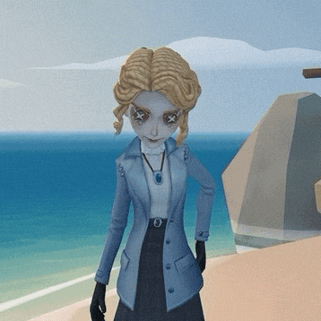 a cartoon character with crossed eyes is standing on a beach near the ocean