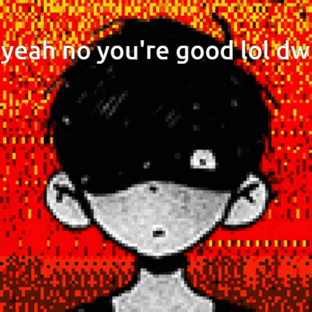 a pixel art drawing of a boy with the words yeah no you 're good lol