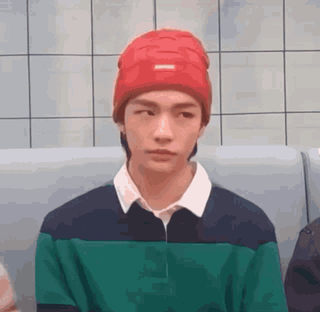 a young man wearing a red hat and a green and blue shirt is sitting on a couch .