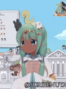 a drawing of a girl with green hair and a monkey on her head