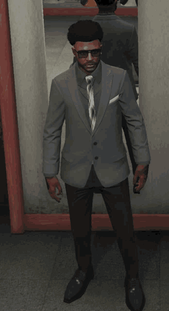 a man wearing a suit and tie is standing in front of a mirror