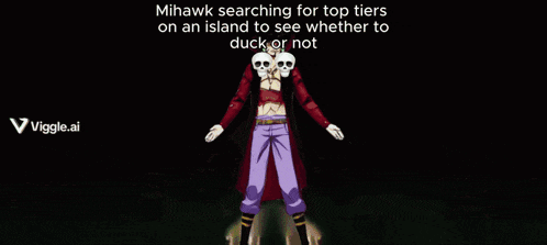 a cartoon character with two skulls on his head is standing on a green surface
