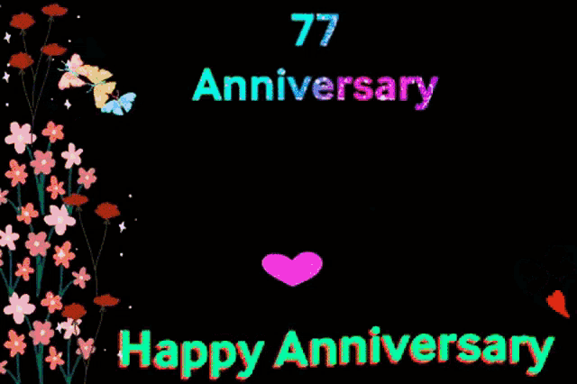 a happy 77th anniversary card with flowers and butterflies