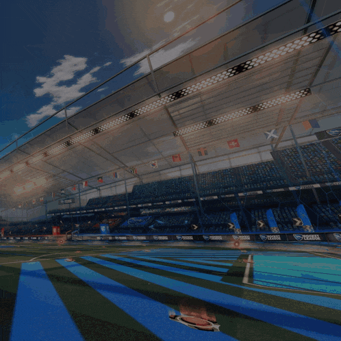 a man with a pipe in his mouth stands in front of a soccer stadium that says rocket league