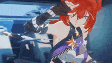 a girl with red hair and blue eyes is wearing a purple outfit with a star on it