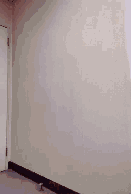 a woman is standing in front of a white wall holding a yellow object