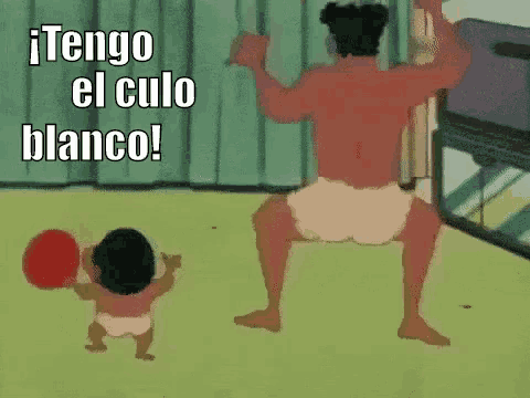 a cartoon of a man in a diaper dancing with a baby holding a red ball .