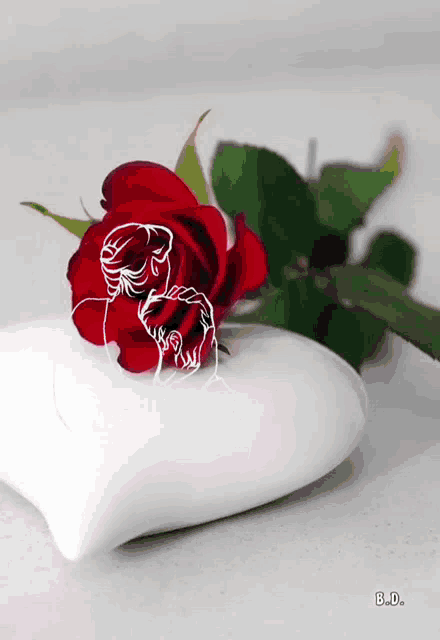 a red rose is sitting on a white heart with b.d. written on the bottom