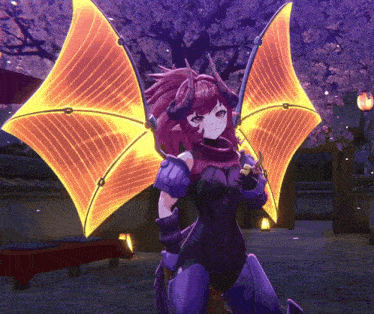 a purple and orange anime character with wings and horns stands in front of a cherry blossom tree