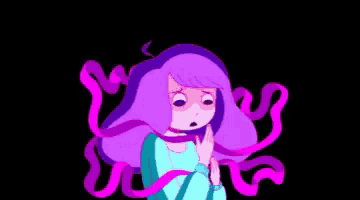 a pixel art of a girl with purple hair and pink tentacles coming out of her hair .