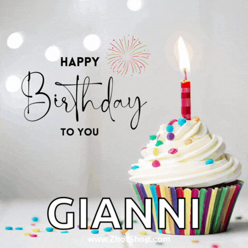 a cupcake with a candle and the name gianni on it