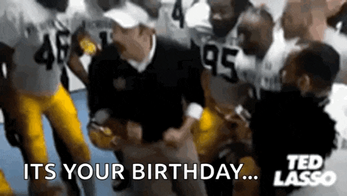 a group of football players are dancing in a locker room while a man says `` its your birthday ... '' .