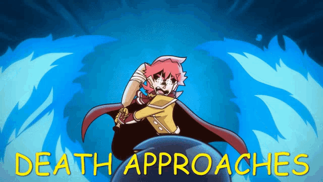 a cartoon of a man with a sword and the words death approaches below him