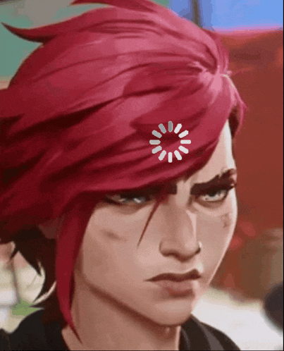 a close up of a woman 's face with red hair and a loading screen on her head .