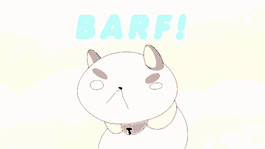 a cartoon cat with a bell around its neck and the word barf above it