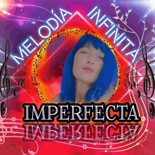 a picture of a woman with blue hair is surrounded by music notes and the words melodia infinita