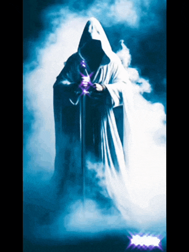 a man in a white robe is holding a sword