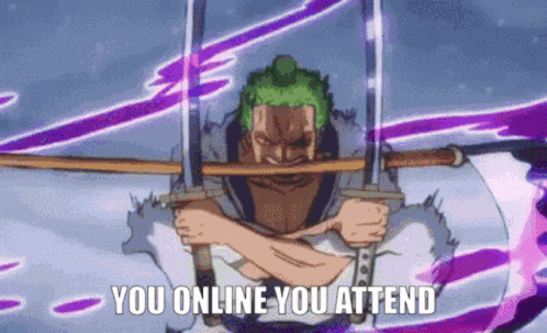 a cartoon of a man holding two swords with the words `` you online you attend '' written on it .