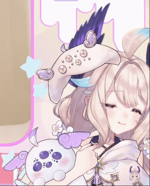 a girl holding a stuffed animal with purple wings and a controller on her head