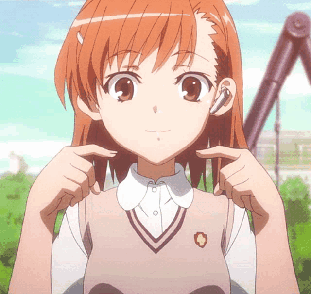 a girl wearing a white shirt and a tan vest with a badge on it