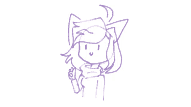 a drawing of a girl with purple hair and a cat ear giving a peace sign .