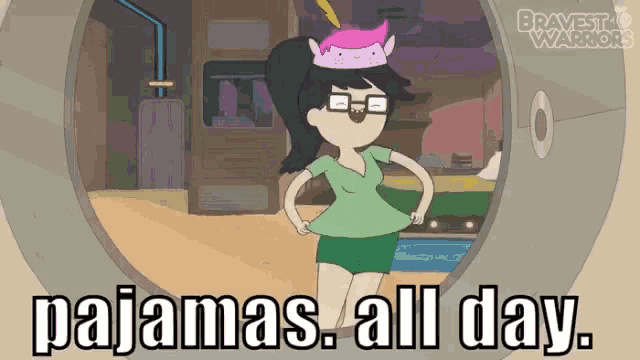 a cartoon character says pajamas all day while wearing glasses