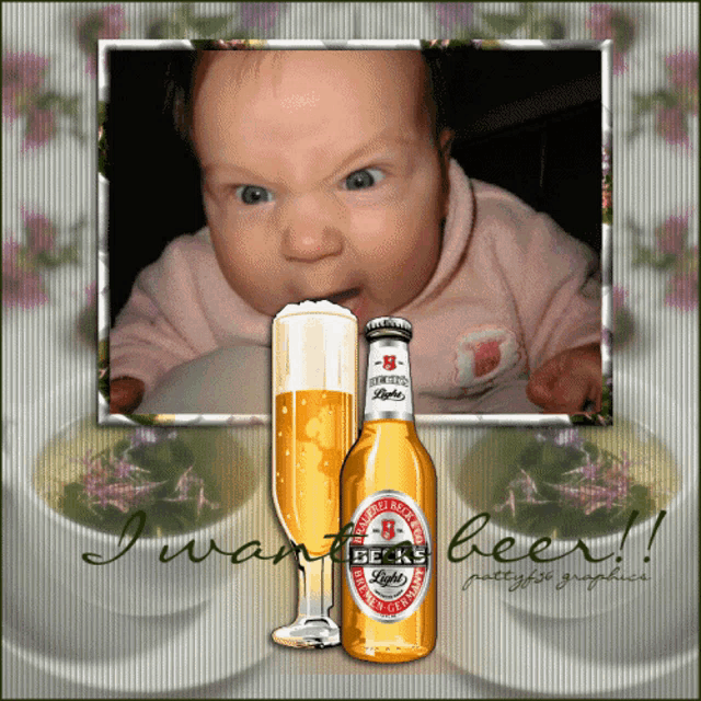 a picture of a baby and a bottle of beck 's beer