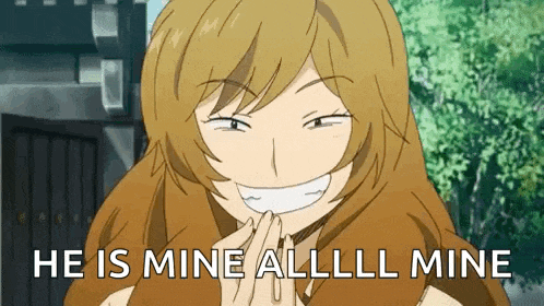 a cartoon girl is laughing and saying he is mine alllll mine .
