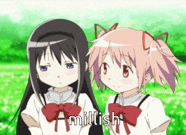 a couple of anime girls standing next to each other with the word amilish written on the bottom