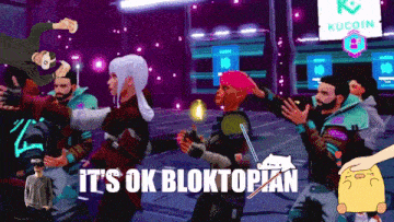 a group of people are standing in a room with the words it 's ok bloktopian on the bottom
