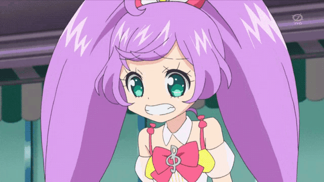 a cartoon girl with purple hair and green eyes is standing in front of a tv screen