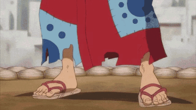a cartoon character 's feet are shown wearing flip flops and a kimono