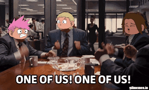 a group of people are sitting around a table and one of them says one of us
