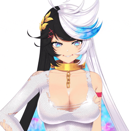 a girl with black and white hair and a gold necklace with the letter g on it