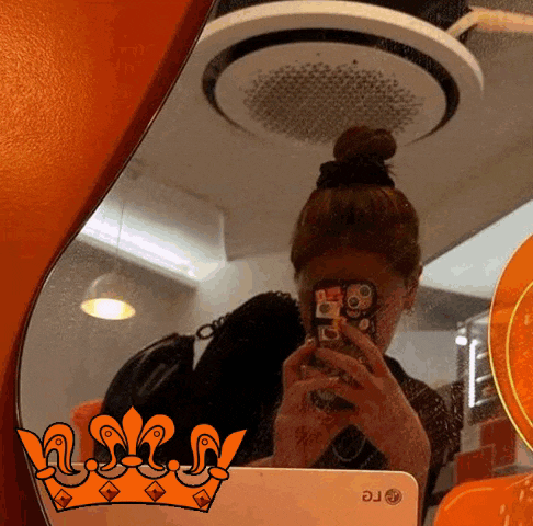 a woman is taking a selfie in front of a mirror .