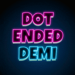 a neon sign says dot ended demi on a dark background