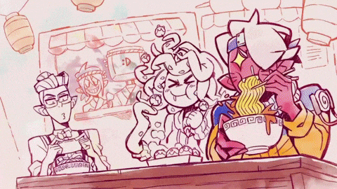 a cartoon drawing of a group of people eating ramen with chopsticks