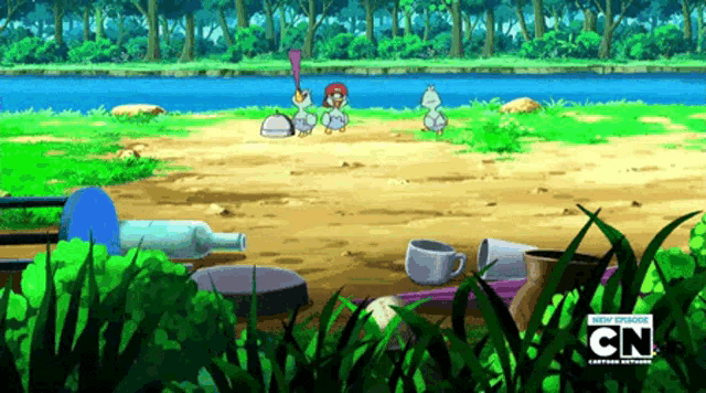 a scene from a cartoon network show with a bottle and cups in the grass