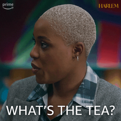 a woman says what 's the tea in front of a poster for harlem