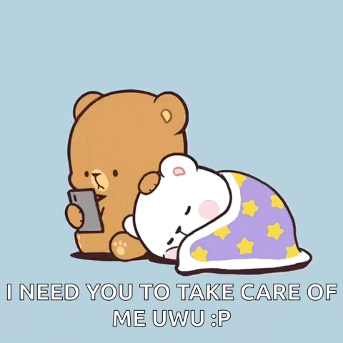 a cartoon of a teddy bear looking at a phone next to another teddy bear laying under a blanket