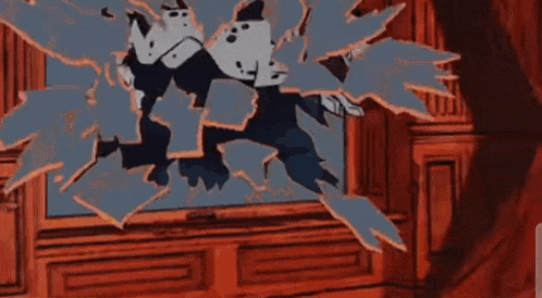 a cartoon character is behind a broken mirror in a room