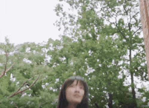 a blurry picture of a woman standing in front of trees with a brick wall in the background
