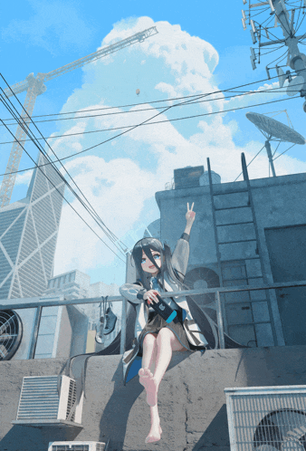 a girl giving a peace sign while sitting on a balcony