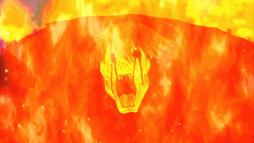 a cartoon character is surrounded by flames with a purple background