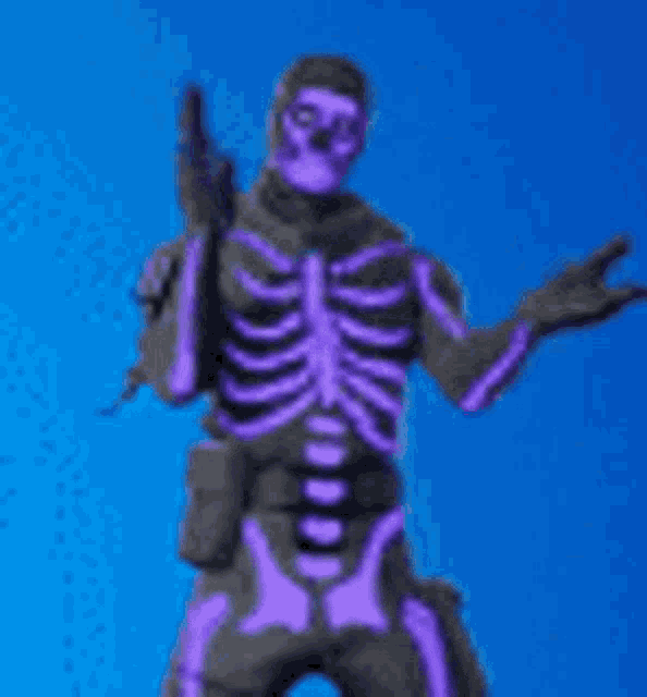 a skeleton is holding a gun in a video game and is glowing in the dark .