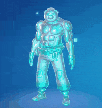 a statue of a man with muscles is standing on a blue background