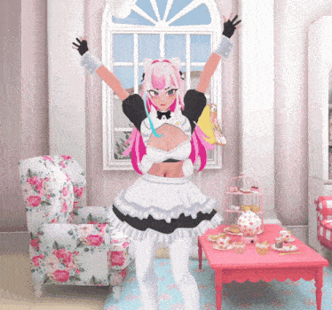 a girl in a maid costume is holding a cup in her hands
