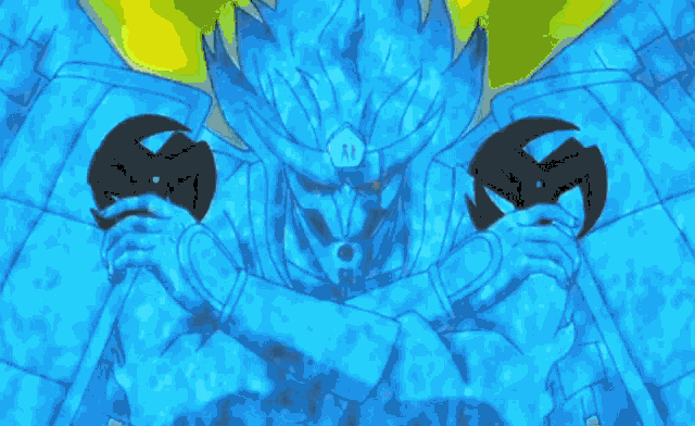 a drawing of a man with a mask on his face and a blue background