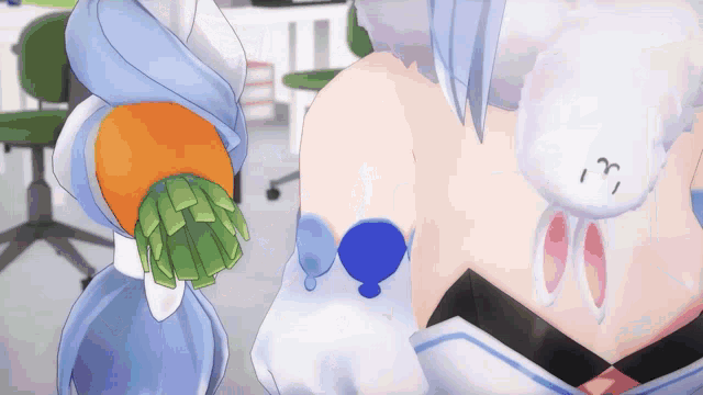 a cartoon character is holding a carrot in her hand .